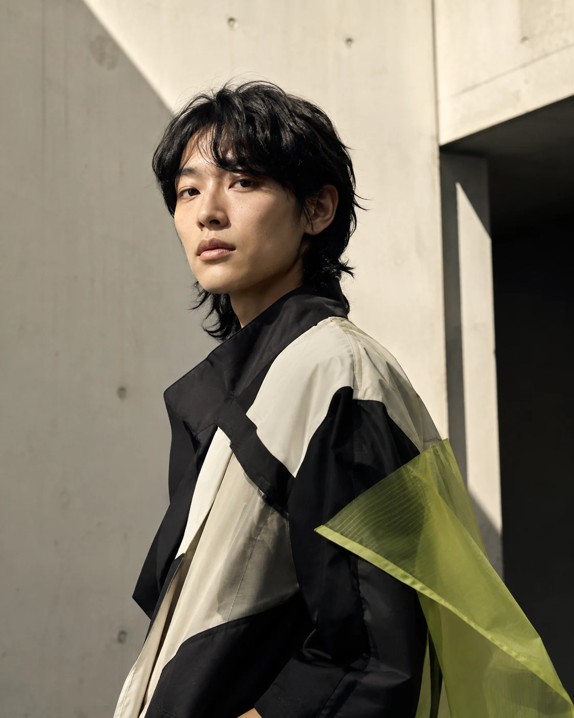 GPT Image 2.5 editorial portrait example in black, ivory, and acid-lime technical fashion