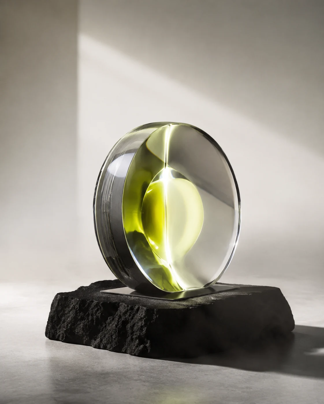 Sculptural optical glass object with an acid-lime core on black mineral stone