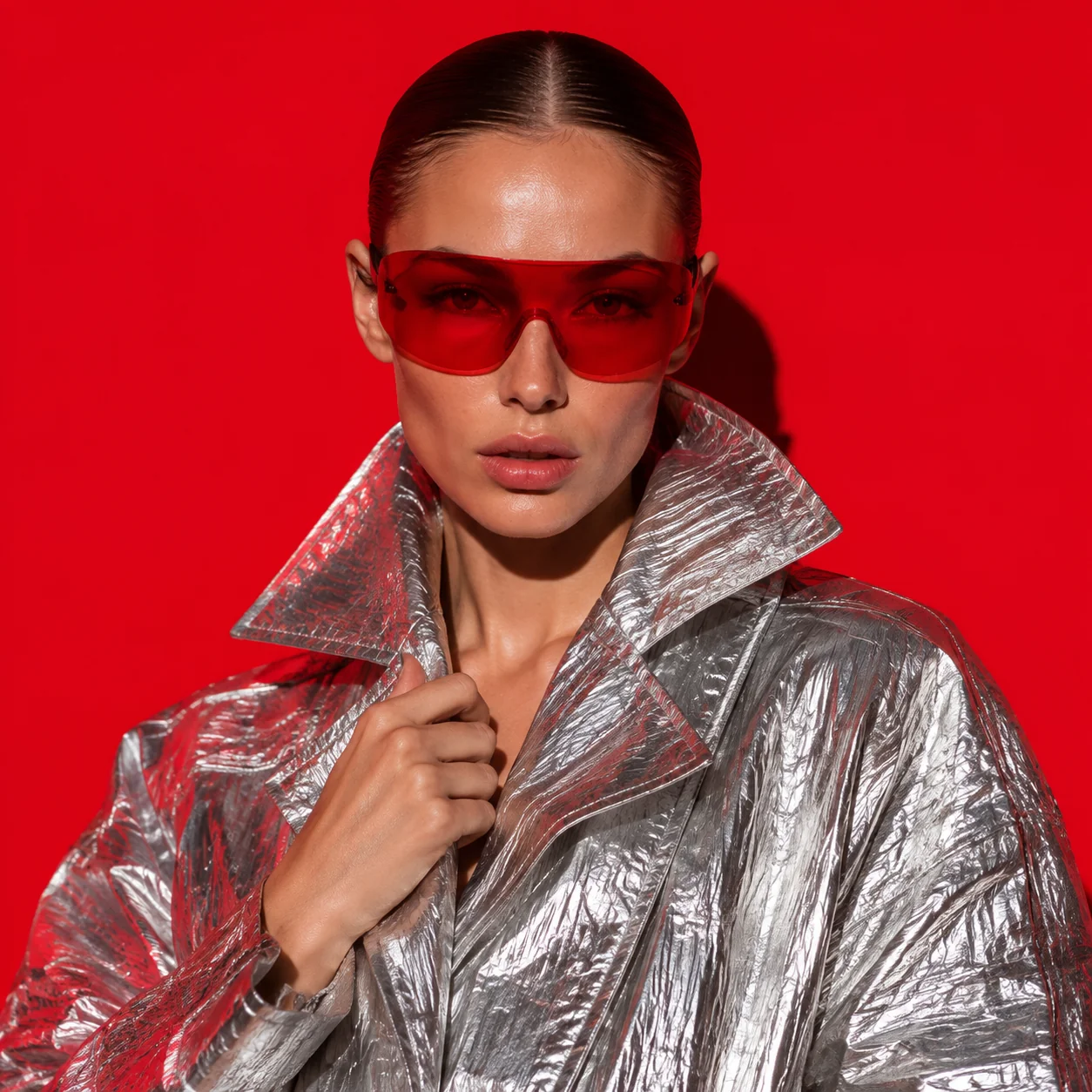 Fashion portrait with a sculptural silver jacket and red visor sunglasses against vivid vermilion