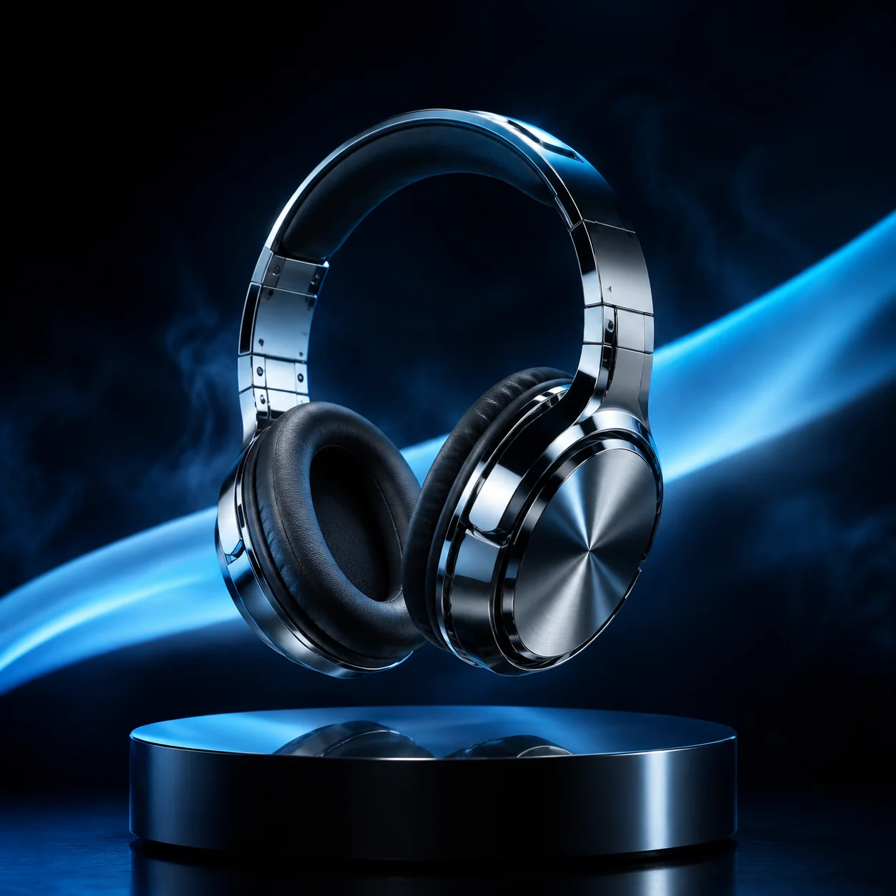 Sculptural chrome wireless headphones hovering above a black mirrored platform with cyan rim lighting