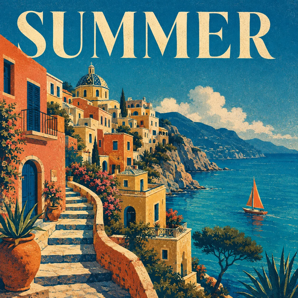 Illustrated Mediterranean travel poster with a sunlit coastal village, turquoise sea, orange sailboat and large SUMMER text