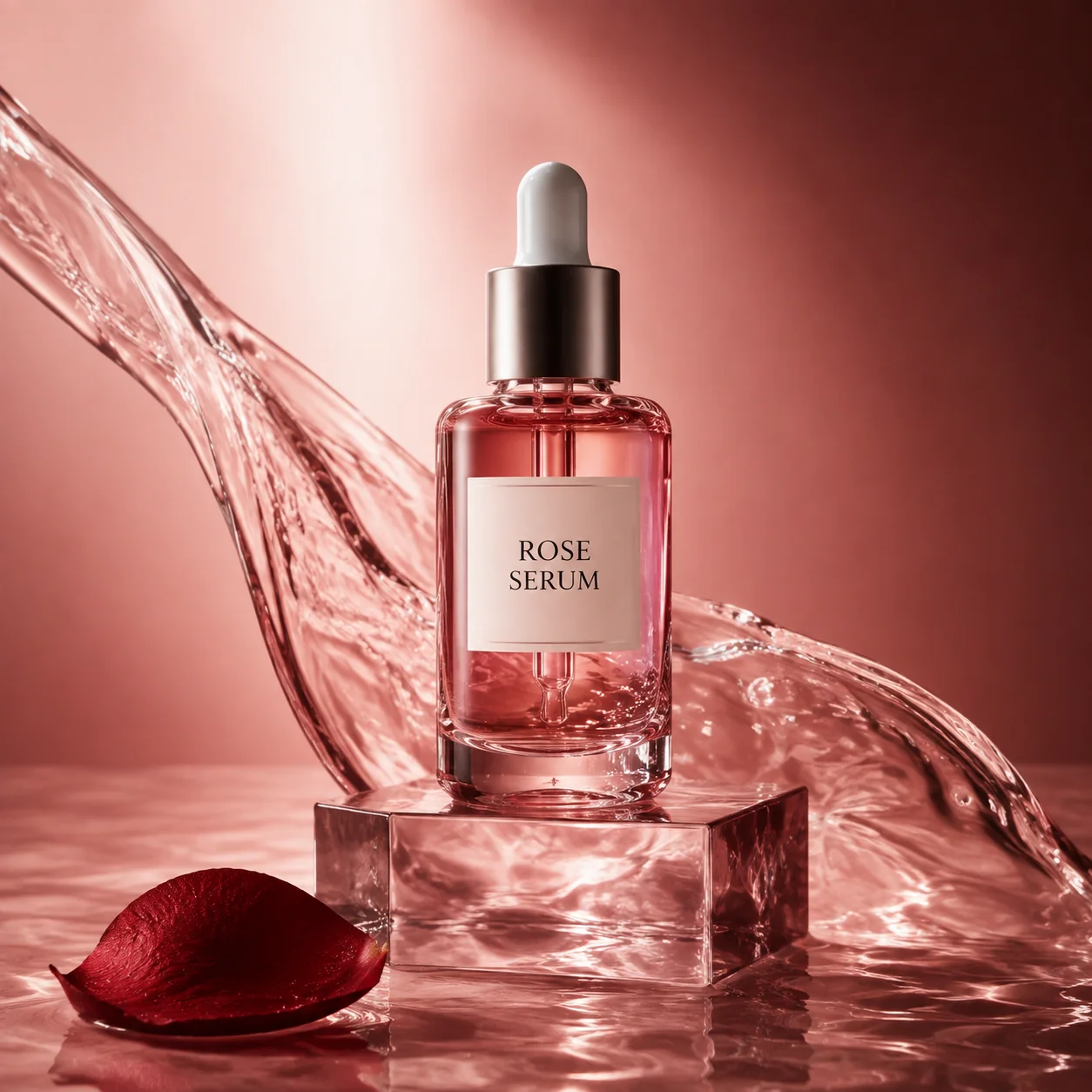 Rose-pink glass serum bottle on translucent pink glass surrounded by a flowing sheet of water and a rose petal