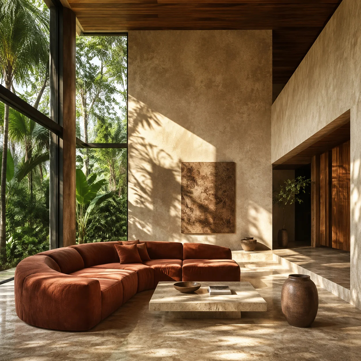 Sunlit contemporary living room with a sculptural rust sofa, warm travertine and floor-to-ceiling windows overlooking greenery