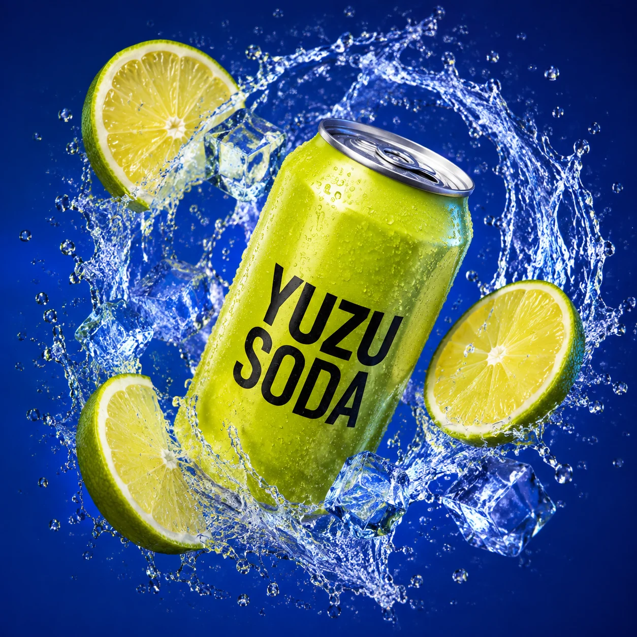 コバルトブルーの背景に、氷と柑橘、炭酸水のしぶきに浮かぶライム色のYUZU SODA缶